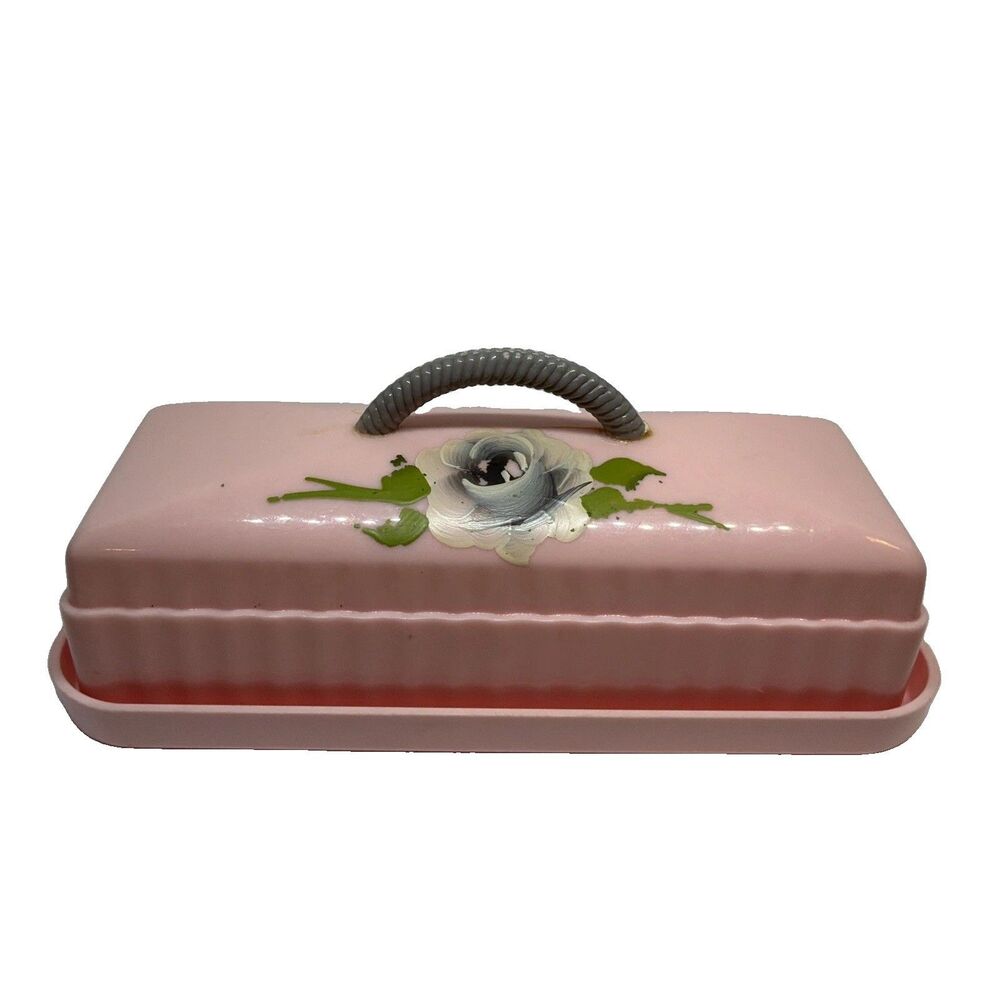 Vintage Eagle Plastic Covered Butter Dish Pink Rose Mid Century Accent Table